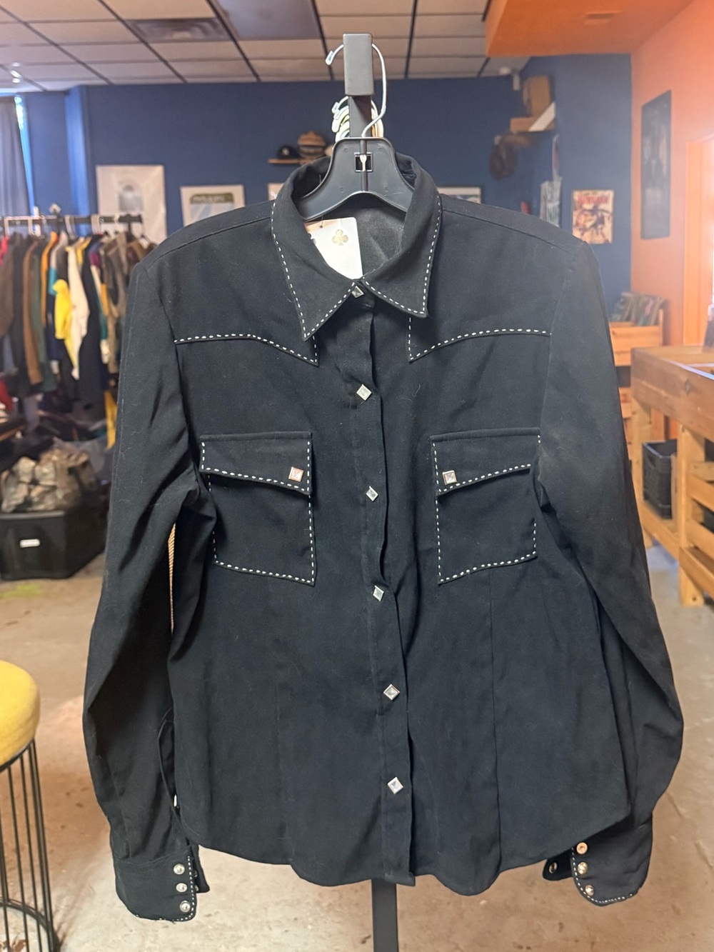 Western-Inspired Black Button-Down Shirt with Stud Detailing